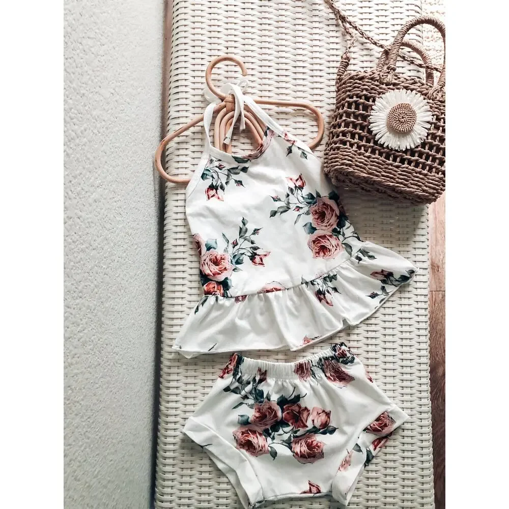 New 2pc Floral Rose Print Soft Peplum Halter Set 2T